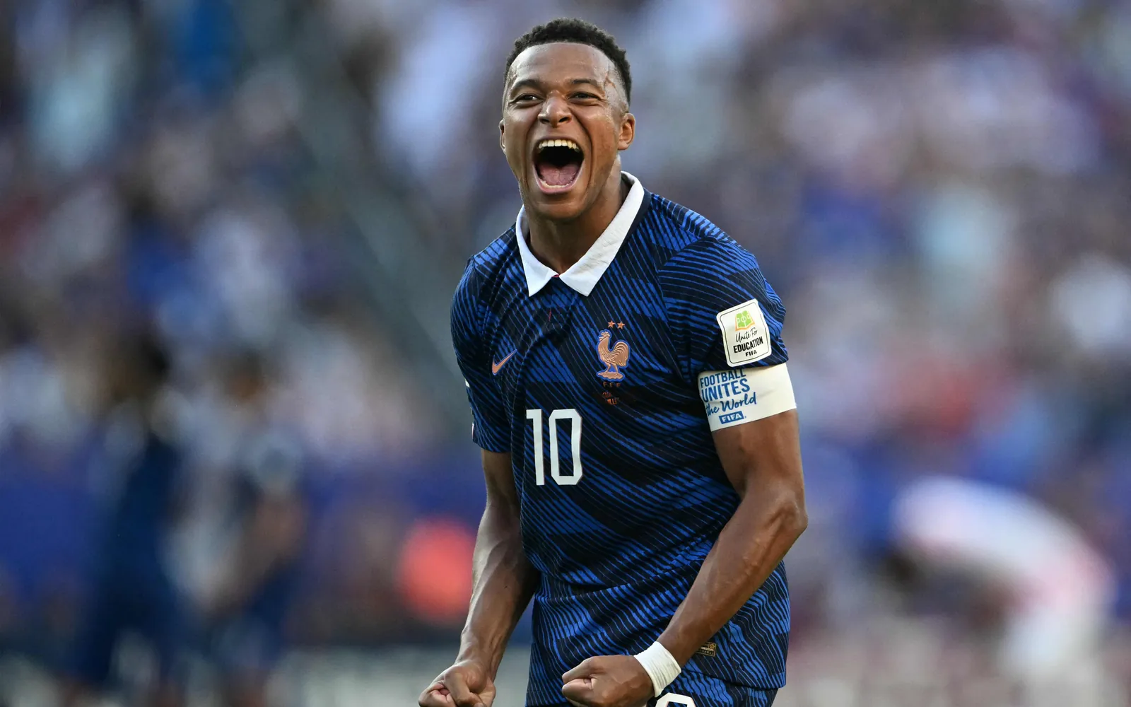 France's forward #10 Kylian Mbappe celebrates after winning the 2026 World Cup round of 16 football match between Paraguay and France at the Philadelphia Stadium in Philadelphia on July 4, 2026. (Photo by MAURO PIMENTEL / AFP)