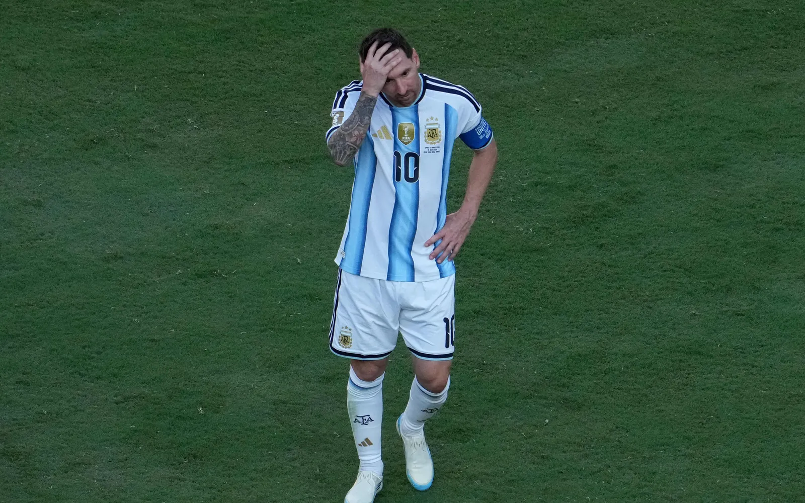 Argentina's forward #10 Lionel Messi reacts after the 2026 World Cup football tournament final match between Spain and Argentina at the New York/New Jersey Stadium in East Rutherford on July 19, 2026. Spain beat 10-man Argentina 1-0 after extra-time to win their second World Cup. (Photo by TIMOTHY A. CLARY / AFP)