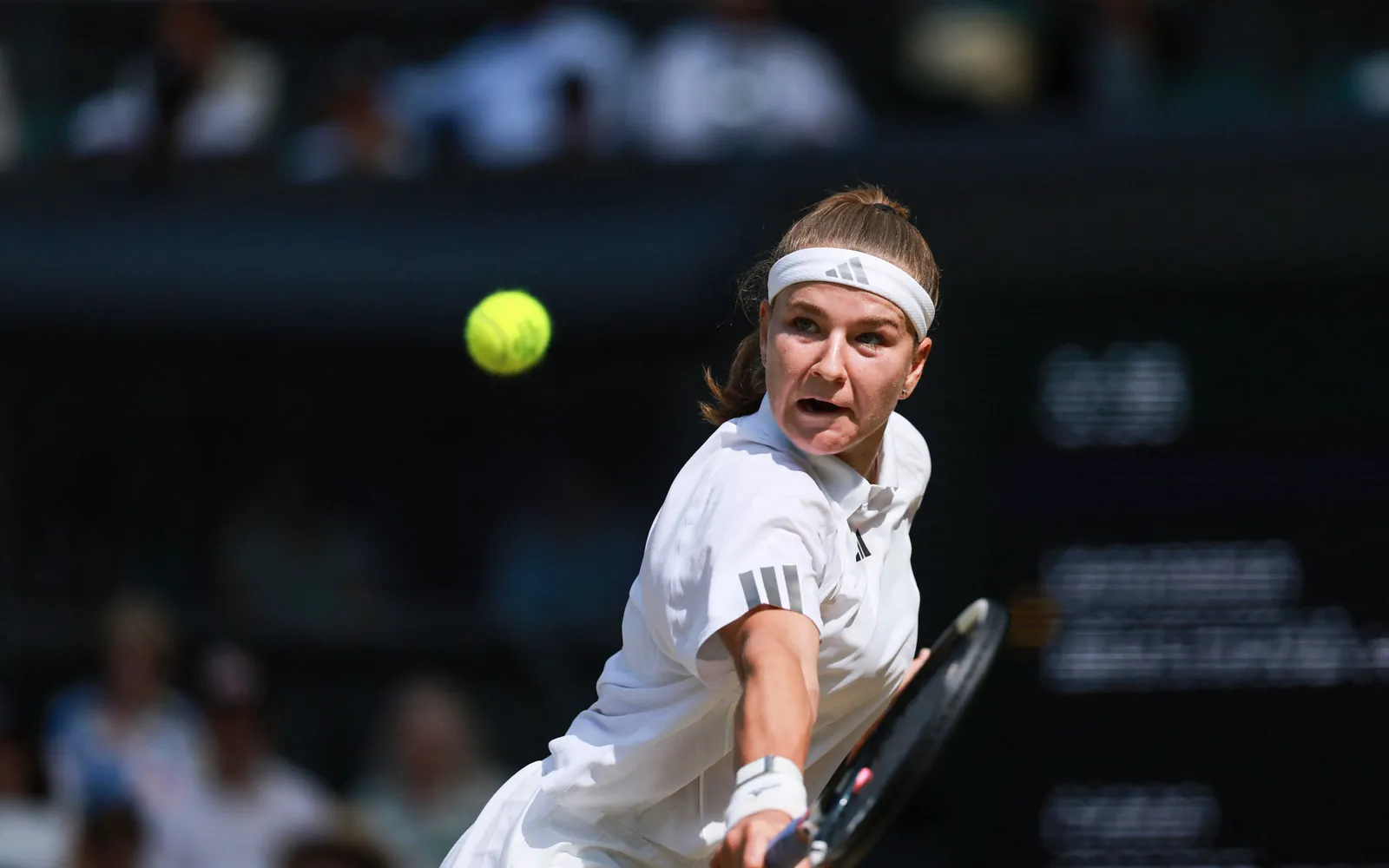 Karolina Muchova of the Czech Republic returns the ball to Coco Gauff of the United States during the women's singles semi-final match on day eleven of the 2026 Wimbledon Championships at All England Lawn Tennis and Croquet Club in London, on July 9, 2026. ( The Yomiuri Shimbun ) (Photo by Kentaro Tominaga / The Yomiuri Shimbun via AFP)